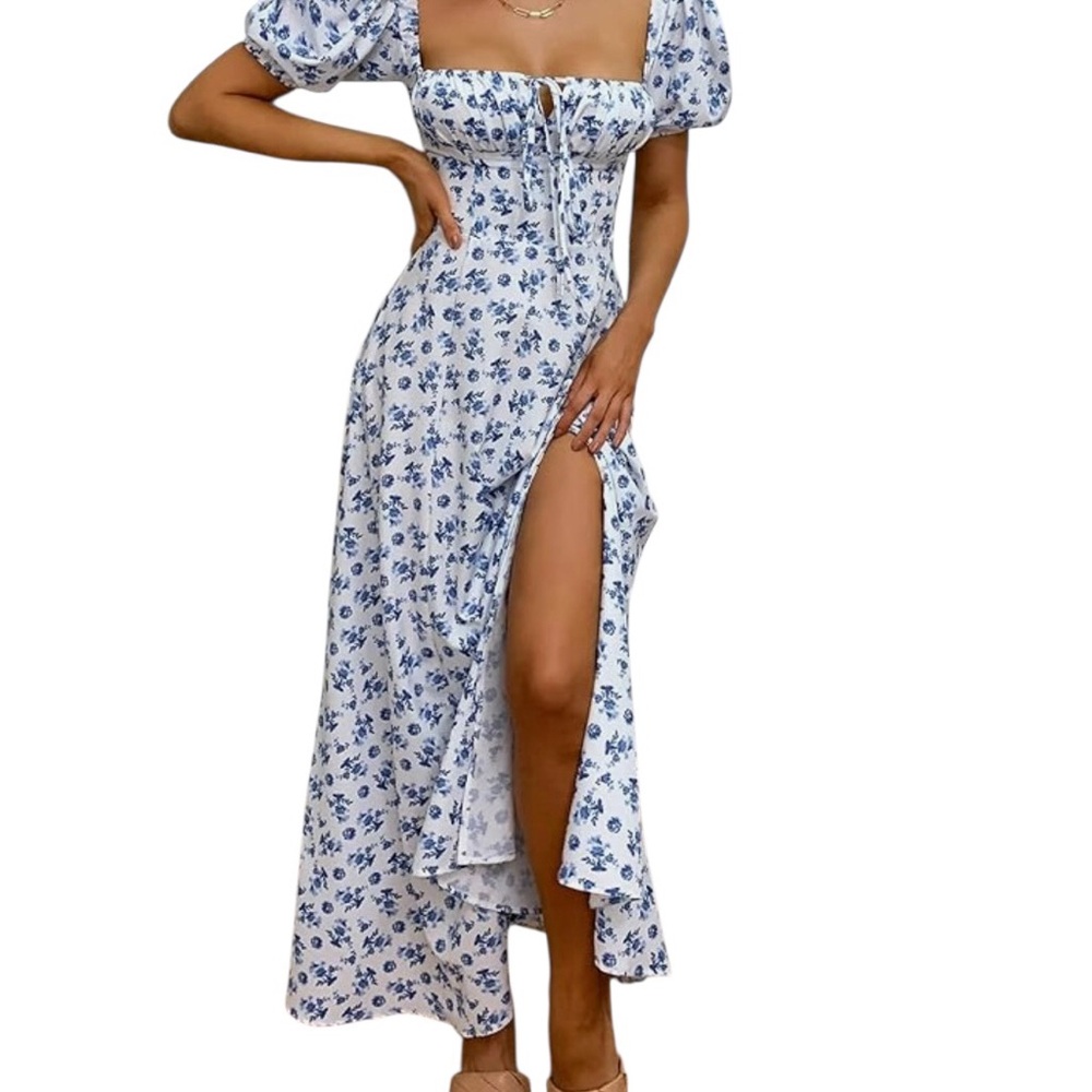 NWT/Women's Puff Sleeve/Floral Split Maxi/Flowy A Line Casual Dress/Size: XL - Picture 3 of 15